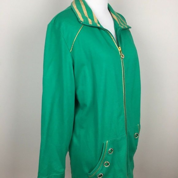 Quacker Factory Jacket Rhinestone Green Gold M - Picture 5 of 8